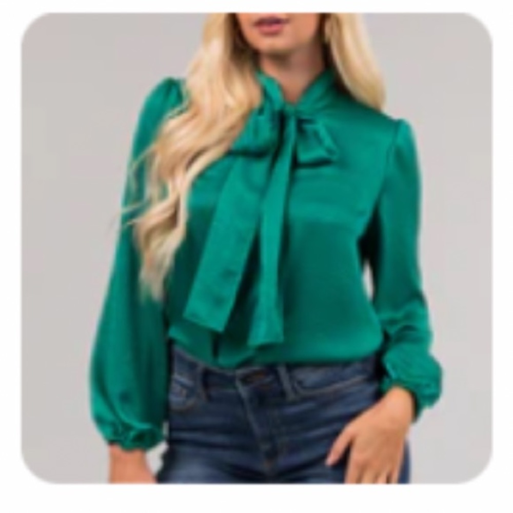 #106 Emerald Green Bow Tie-Neck Blouse Top